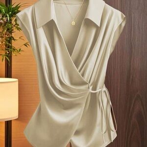 SHEIN Cream Satin Wrap Blouse with Tie